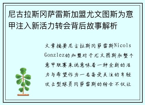 尼古拉斯冈萨雷斯加盟尤文图斯为意甲注入新活力转会背后故事解析